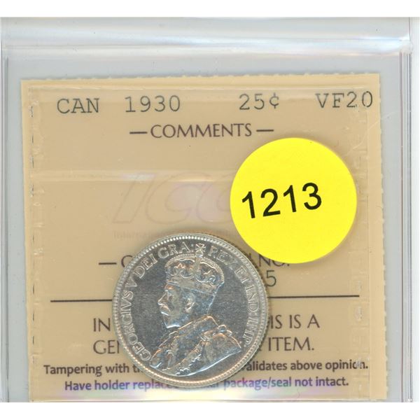 1930 VF20 ICCS Graded Canadian Twenty-Five Cent Coin