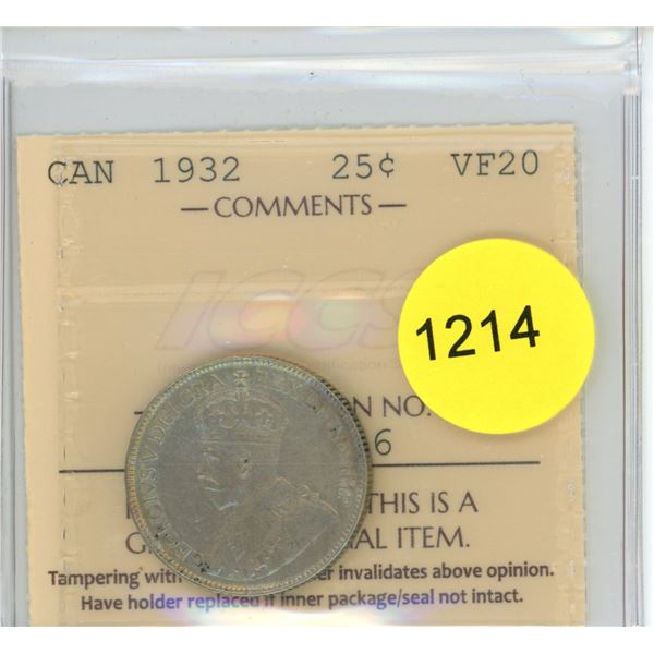 1932 VF20 ICCS Graded Canadian Twenty-Five Cent Coin