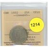 Image 1 : 1932 VF20 ICCS Graded Canadian Twenty-Five Cent Coin