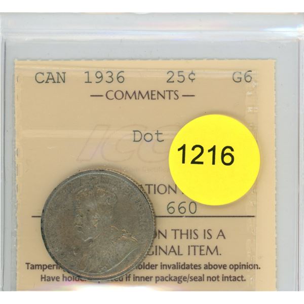 1936 Dot G6 ICCS Graded Canadian Twenty-Five Cent Coin