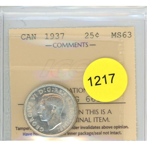 1937 MS63 ICCS Graded Canadian Twenty-Five Cent Coin