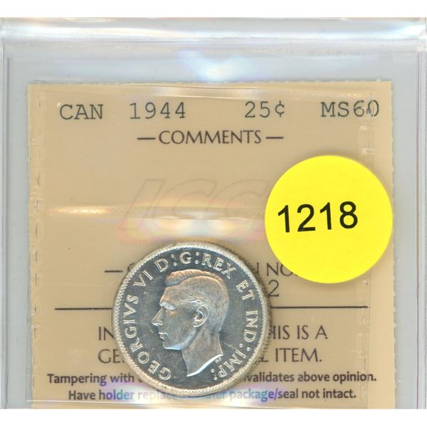 1944 MS60 ICCS Graded Canadian Twenty-Five Cent Coin
