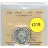 Image 1 : 1944 MS60 ICCS Graded Canadian Twenty-Five Cent Coin