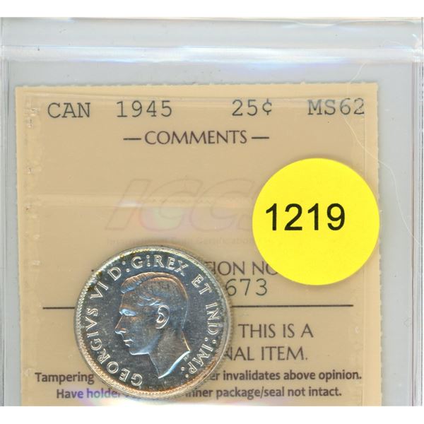 1945 MS62 ICCS Graded Canadian Twenty-Five Cent Coin