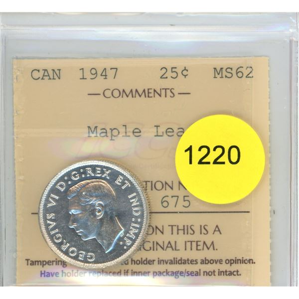 1947 ML MS62 ICCS Graded Canadian Twenty-Five Cent Coin