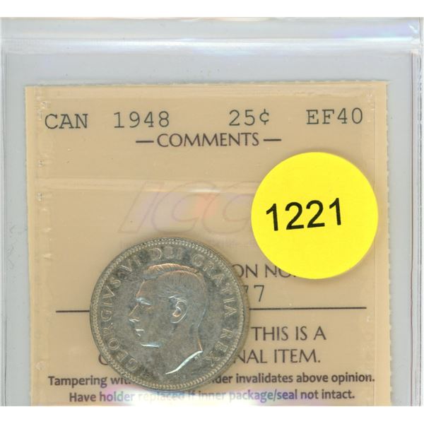 1948 EF40 ICCS Graded Canadian Twenty-Five Cent Coin