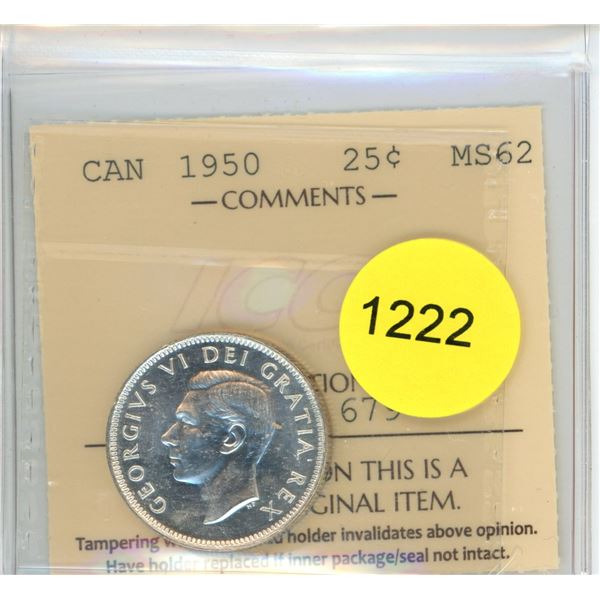 1950 MS62 ICCS Graded Canadian Twenty-Five Cent Coin