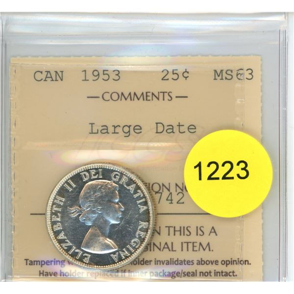 1953 Large Date MS63 ICCS Graded Canadian Twenty-Five Cent Coin