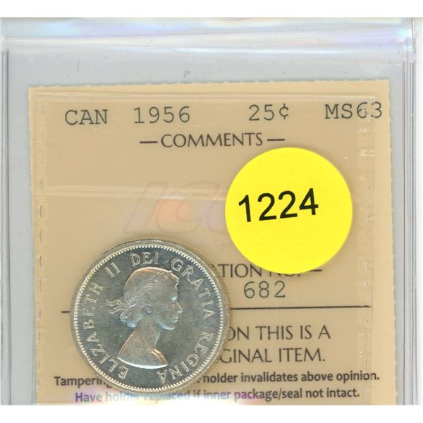 1956 MS63 ICCS Graded Canadian Twenty-Five Cent Coin