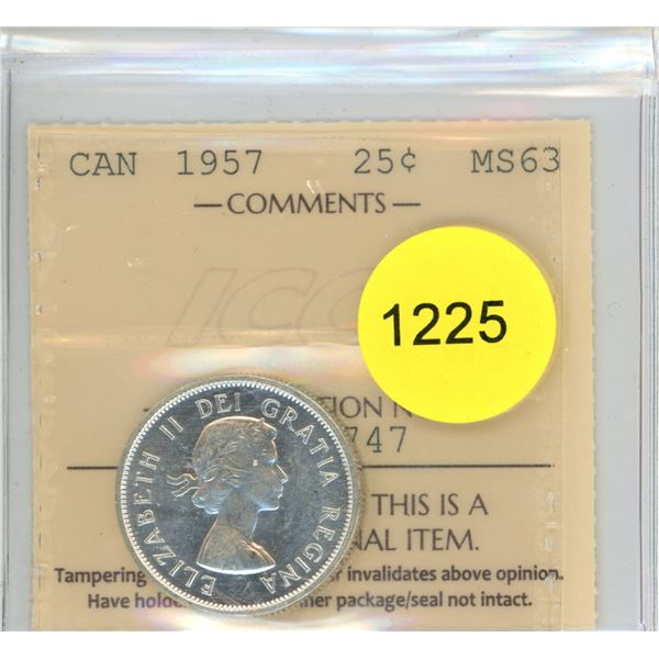 1957 MS63 ICCS Graded Canadian Twenty-Five Cent Coin