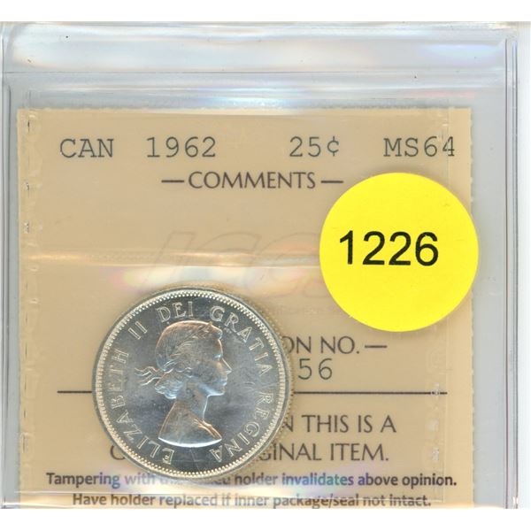 1962 MS64 ICCS Graded Canadian Twenty-Five Cent Coin