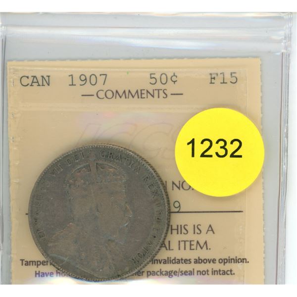 1907 F15 ICCS Graded Canadian Fifty Cent Coin
