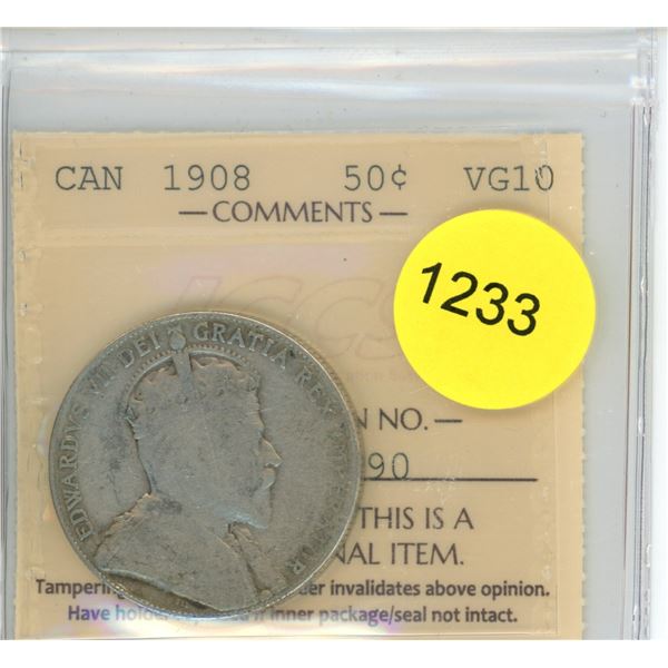 1908 VG10 ICCS Graded Canadian Fifty Cent Coin