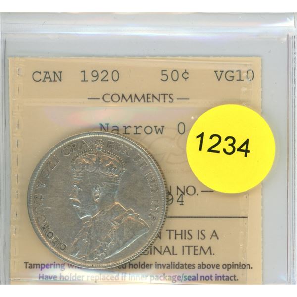 1920 Narrow 0 VG10 ICCS Graded Canadian Fifty Cent Coin