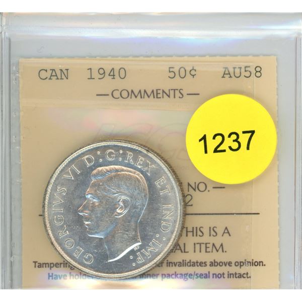 1940 AU58 ICCS Graded Canadian Fifty Cent Coin