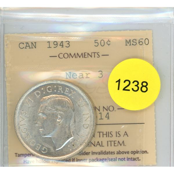 1943 Near 3 MS60 ICCS Graded Canadian Fifty Cent Coin