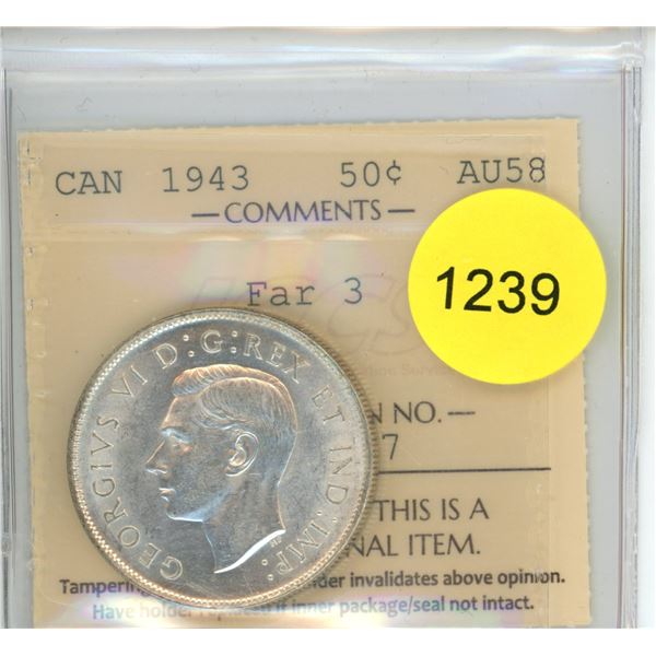 1943 Far 3 AU58 ICCS Graded Canadian Fifty Cent Coin