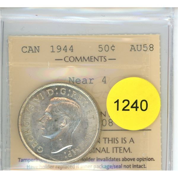 1944 Near 4 AU58 ICCS Graded Canadian Fifty Cent Coin