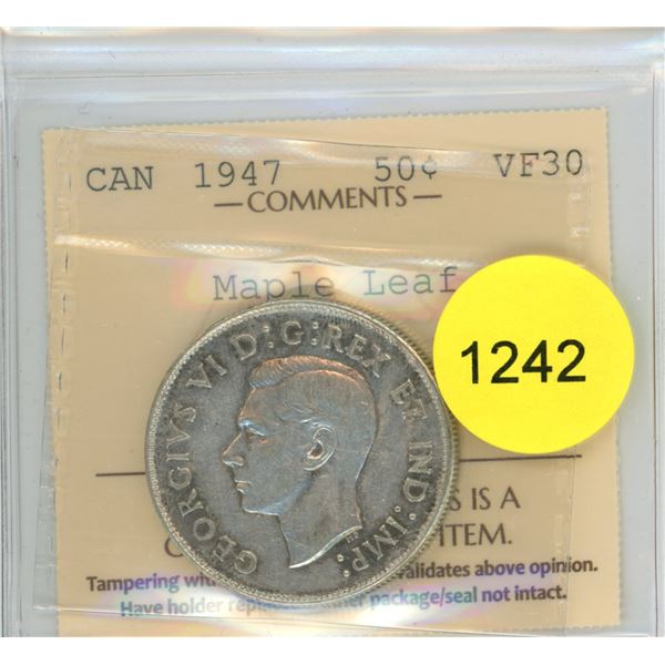 1947 ML VF30 ICCS Graded Canadian Fifty Cent Coin