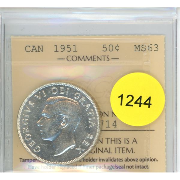 1951 MS63 ICCS Graded Canadian Fifty Cent Coin