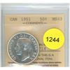Image 1 : 1951 MS63 ICCS Graded Canadian Fifty Cent Coin