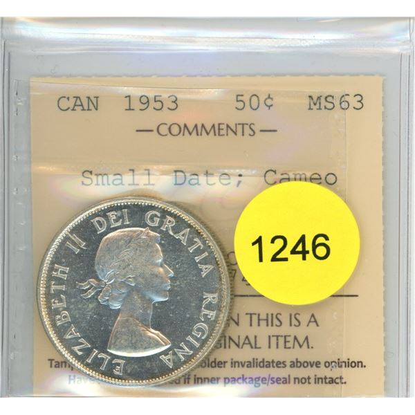 1953 SD Cameo MS63 ICCS Graded Canadian Fifty Cent Coin