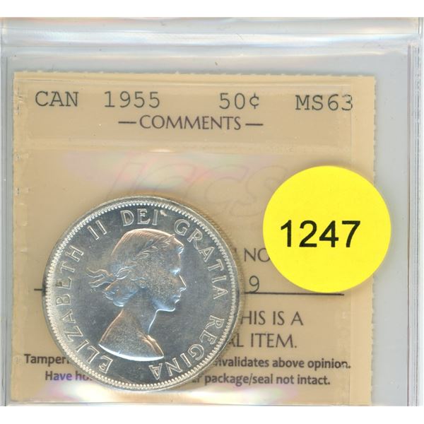 1955 MS63 ICCS Graded Canadian Fifty Cent Coin