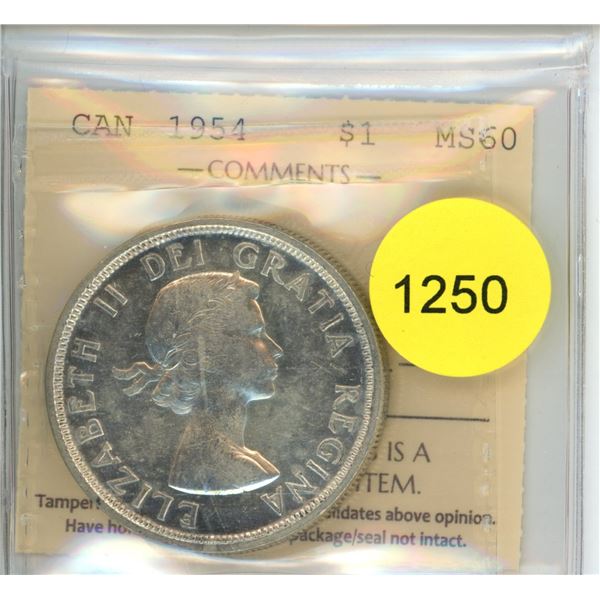 1954 MS60 ICCS Graded Canadian Silver Dollar