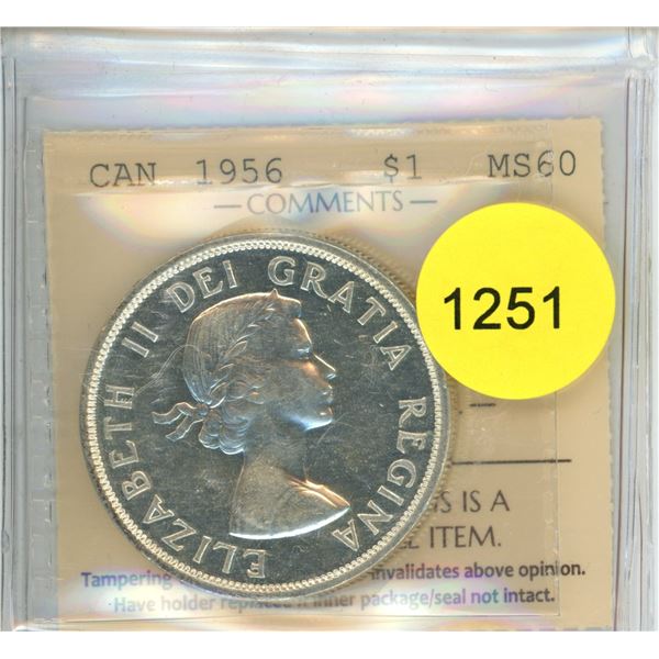 1956 MS60 ICCS Graded Canadian Silver Dollar