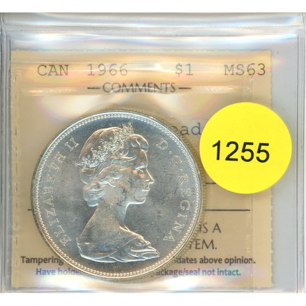 1966 Large Beads MS63 ICCS Graded Canadian Silver Dollar