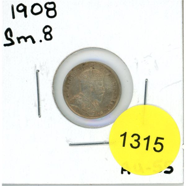 1908 Small 8 Canadian Silver Five Cent Coin