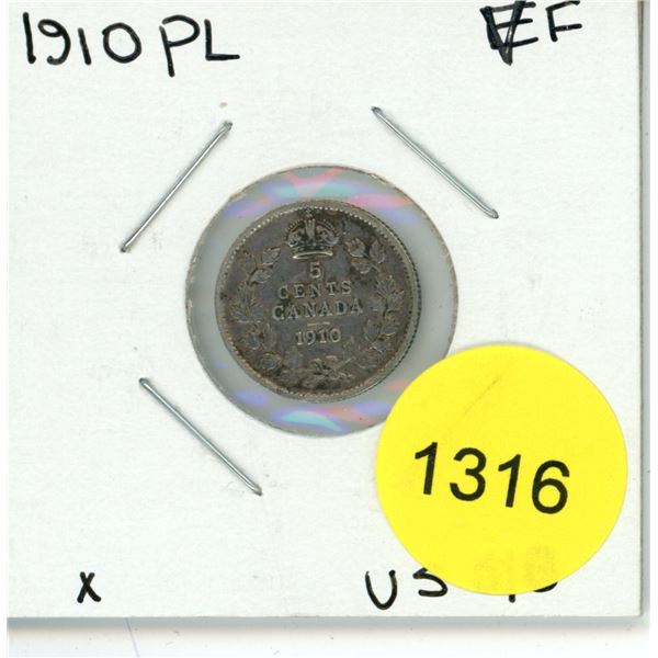1910 PL Canadian Silver Five Cent Coin
