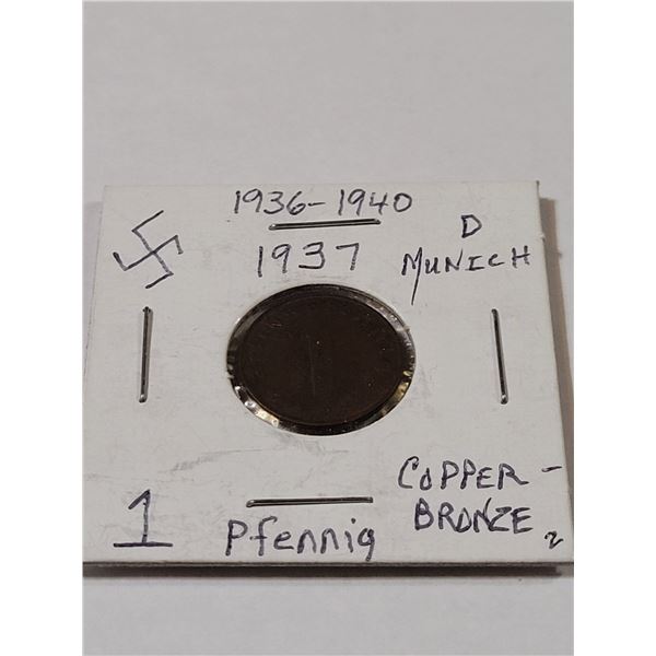 1937 1 Pfenning copper bronze coin - Munich, Swastika