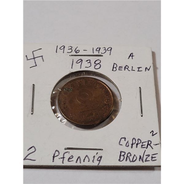 1938 2 Pfenning copper bronze coin - Berlin, Swastika