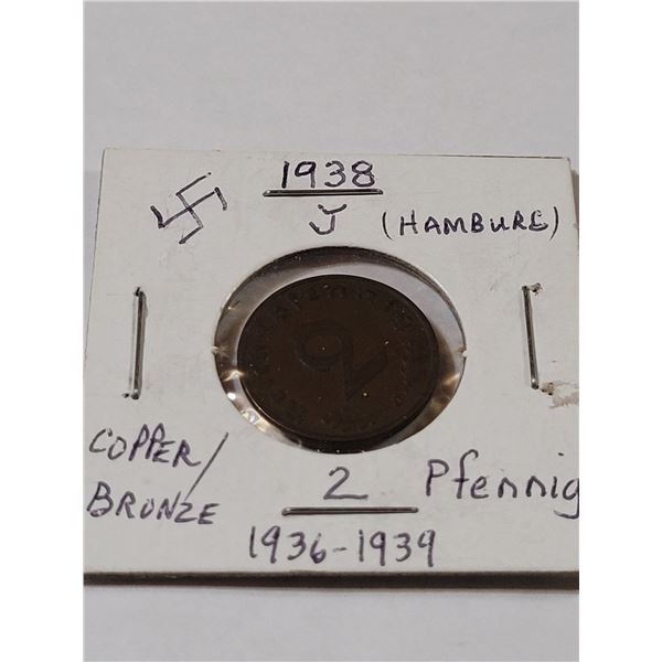 1938 2 Pfenning copper bronze coin - Hamburg, swastika