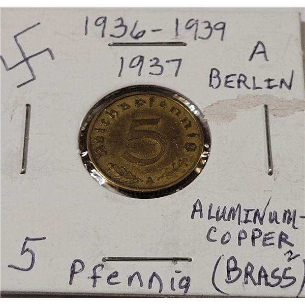 1937 5 Pfenning brass coin Berlin, Swastika