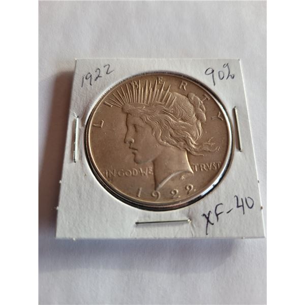 1922 Peace dollar USA 90% silver XF-40