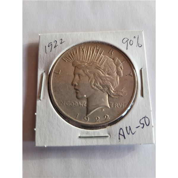 1922 Peace dollar USA 90% silver AU-50