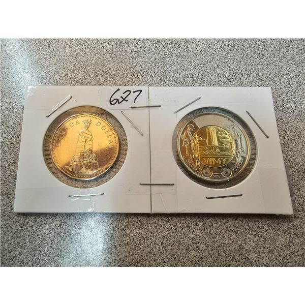 Two collectible Canadian $1.00 loonies -  2007 Vimy Ridge, 1994 Canada National War Memorial