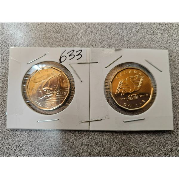 Two collectible Canadian loonies $1.00 Montreal Canadiens & Saskatchewan Roughriders