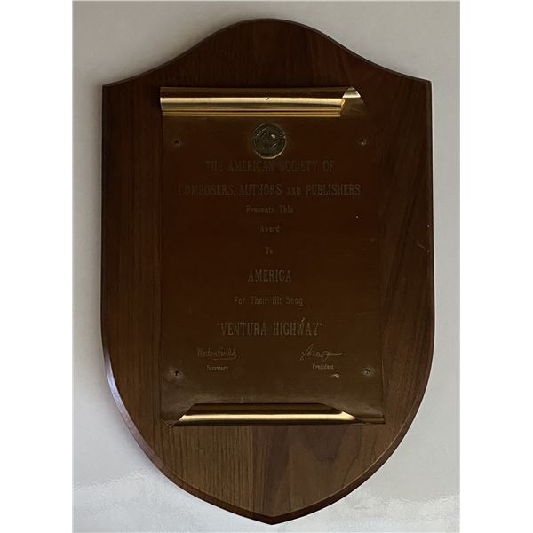 America The American of Composers, Authors, and Publishers Ventura Highway award plaque.11x16 inches