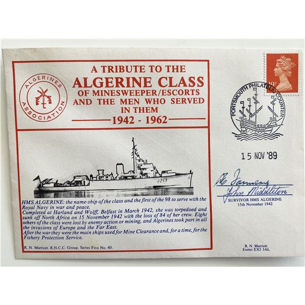 WWII HMS Algerine Tribute Commemorative Cover Signed by 2 Survivors