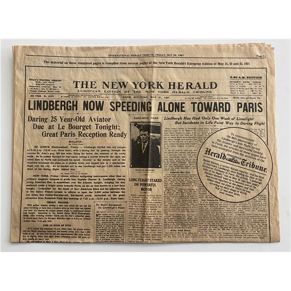 The New York Herald commemorative 60th anniversary Lindbergh's solo flight original 1987 vintage new