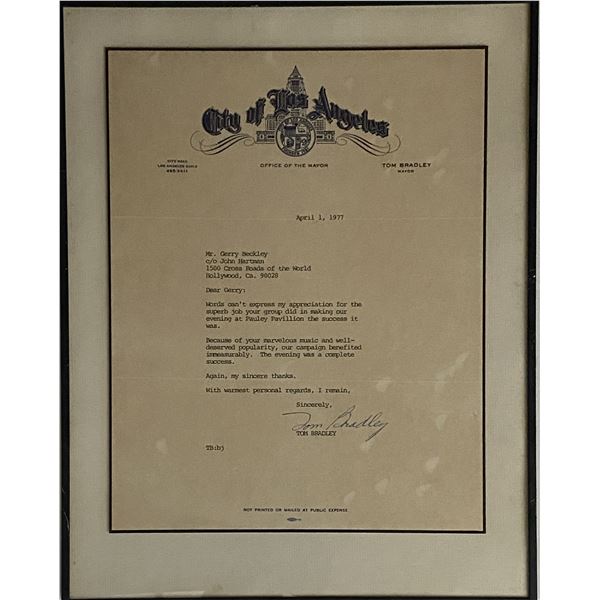 1977 Mayor of Los Angeles Tom Bradley signed commendation letter