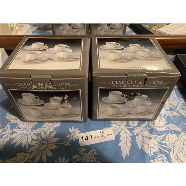 2 x Sets of 4 Fine China Demi Cup & Saucer w/ Gold Plated Spoons