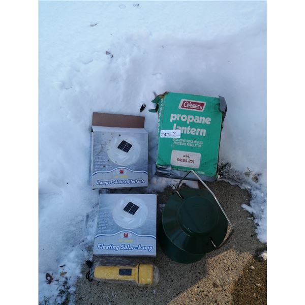 Coleman Propane Lantern (Model 5419A-701), 2 x Floating Solar Lamps, and a Flashlight