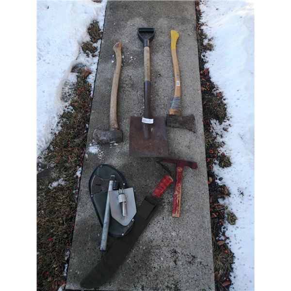 Assortment of Pioneer Tools - Machete, Hatchet, Shovels, and More!