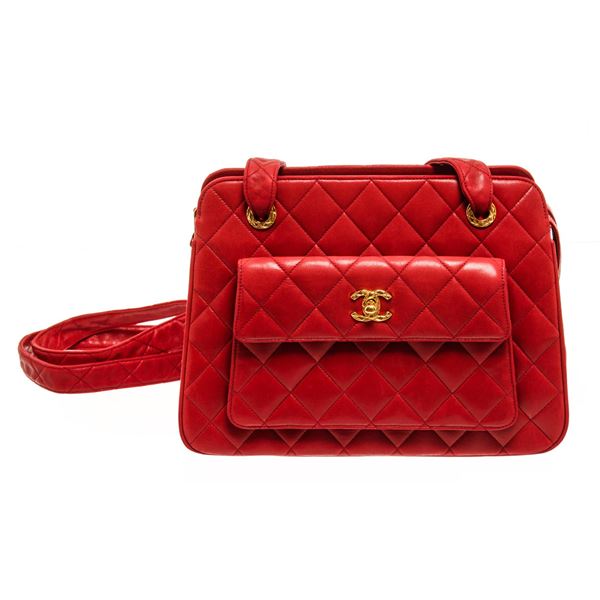 Chanel Red Lambskin CC Front Pocket Shoulder Bag