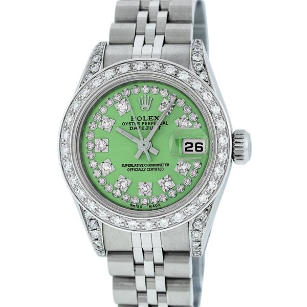 Rolex Ladies Stainless Steel Quickset Green Diamond Jubilee Datejust Wristwatch