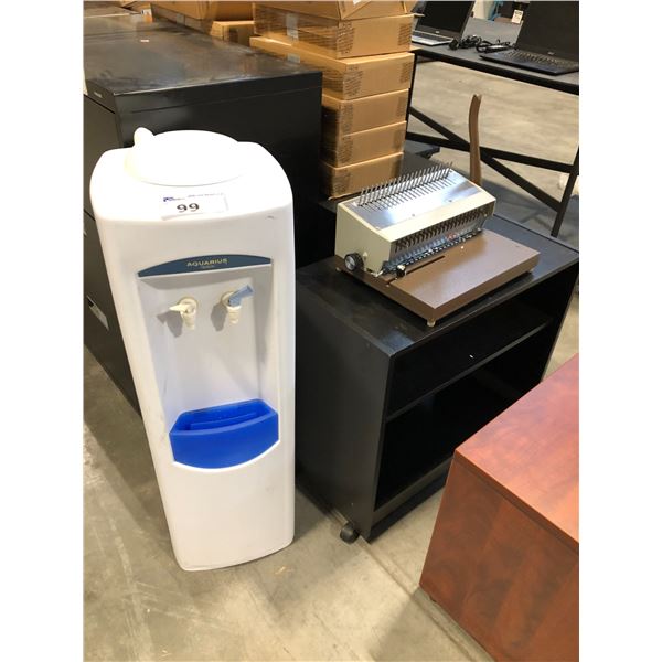 AQUARIUS GRAVITY FED WATER DISPENSER, GBC BINDING MACHINE AND BLACK MACHINE STAND